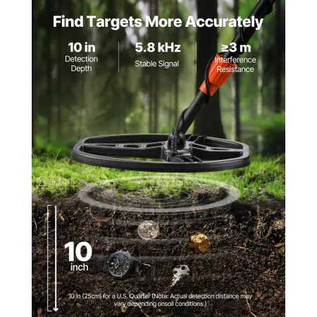 VEVOR Metal Detector for Adults, 254 mm, Professional High Accuracy Gold Detector, IP68 Waterproof Search Coil with Display, Hea