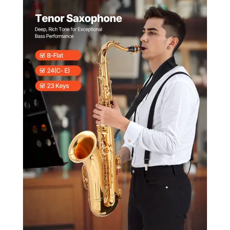 Tenor Saxophone, B Flat, Professional Brass Saxophone Beginner Kit with Carrying Case, Mouthpiece, Straps, Cleaning Cloth, Glove