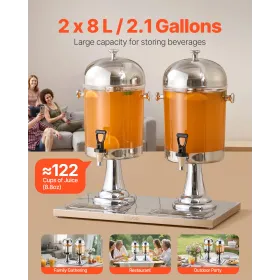 VEVOR Beverage Dispenser, 8L x 2 Drink Dispenser for Parties, Stainless Steel + Plastic Juice Dispensers with Spigot Ice Chamber