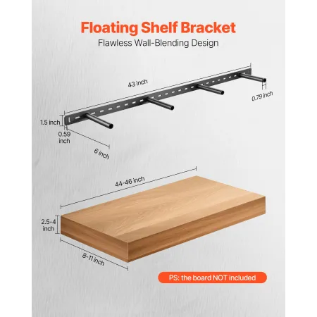 VEVOR Floating Shelf Bracket 1 Pack, 230 lbs/104 kg Weight Capacity, 43x6.2x1.5 inch / 1092.2x157.4x38.1 mm, Heavy Duty Hidden S