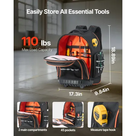 Rolling Tool Backpack, 110 lbs Load Capacity, 45 Pockets Heavy Duty Roller Tool Bag on Wheels, Adjustable Telescoping Handle & S