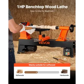 VEVOR Woodworking Lathe, 750W / 1 HP, Benchtop Wood Lathe Machine with 0 to 3800 RPM Variable Speed, 304 x 465 mm Workbench, Bru