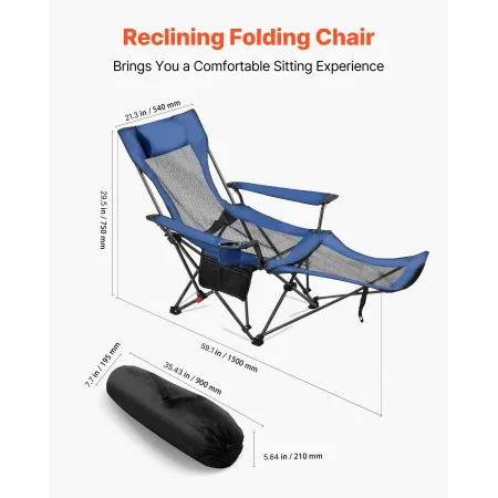 Reclining Camping Chair, 4 Adjustable Positions, Portable Folding Lounger for Adults, Mesh Beach Chair with Headrest & Foot Rest