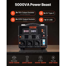 Voltage Converter Transformer, 5000VA, Heavy Duty Step Up/Down Transformer, Convert from 110 Volt to 220 Volt and  from 220