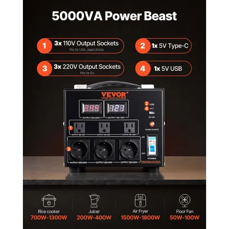 Voltage Converter Transformer, 5000VA, Heavy Duty Step Up/Down Transformer, Convert from 110 Volt to 220 Volt and from 220 Volt 
