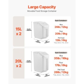 15Lx2 + 20Lx2 Ingredient Storage Container Airtight Kitchen Flour Bin