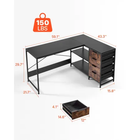 L-Shaped Computer Desk, 1.5m Reversible Corner Gaming Desk with