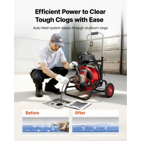 VEVOR Drain Cleaner Machine 30m x 12.7mm, Auto Feed Sewer Snake Auger, Portable Drain Cleaning Machine with Climbing Wheels, Adj