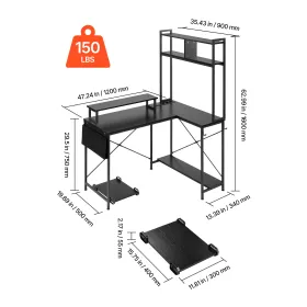 VEVOR L-Shaped Gaming Desk with LED Lights, 1.2m Reversible Corner Computer Desk with Monitor Stand, Power Outlets, Movable CPU