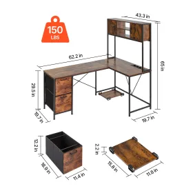 VEVOR L-Shaped Gaming Desk with LED Lights, 1.58m Reversible Corner Computer Desk with Power Outlets, Movable CPU Stand & Storag
