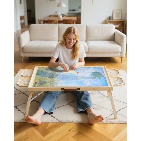 1500 stykke puslespilsbord med foldeben, 4 skuffer og låg