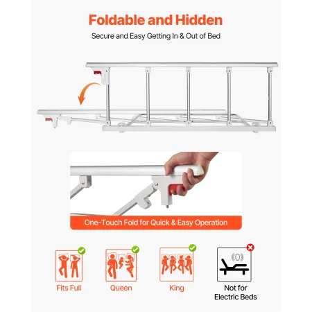 Foldable Bed Rail for Elderly, 122 cm Bedside Assist Rail with Fixing Strap, Adjustable Height Pipe Bedside Cane, High-Strength 
