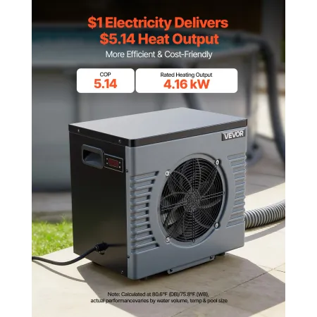 VEVOR 4160 W poolvarmepumpe, elektrisk poolvarmer til overjordisk op til 15 m³, Max COP 5.14, Støjsvag, GFCI-beskyttelse, 15-40
