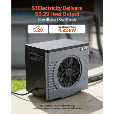 VEVOR 4920 W poolvarmepumpe, elektrisk poolvarmer til overjordisk op til 18 m³, maks. COP 5,29, støjsvag, GFCI-beskyttelse,