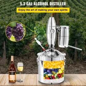 20L 5.28Gal Water Alcohol Distiller 304 Stainless Steel Moonshine Wine Making Boiler Home Kit with Thermometer for Essential