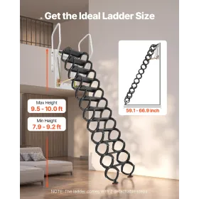 VEVOR Attic Ladder Wall-Mounted, 660LBS/299.4KG Capacity, Fits 9.5 to 10 ft Ceiling Height, 12-Step Steel Folding Stairs with Ha