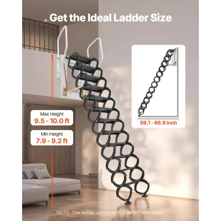 Attic Ladder Wall-Mounted, 660LBS/299.4KG Capacity, Fits 9.5 to 10 ft Ceiling Height, 12-Step Steel Folding Stairs with Handrail