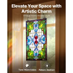 VEVOR Stained Glass Window Panel, 433 x 731 mm, Tiffany Style Hanging Transom Window Panel with Chain, Large Vertical Rectangle 