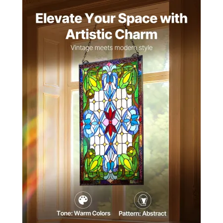 VEVOR Stained Glass Window Panel, 433 x 731 mm, Tiffany Style Hanging Transom Window Panel with Chain, Large Vertical Rectangle 