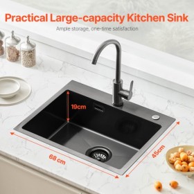 68cm Kitchen Sink Topmount Single Bowl Drop-In Basin Stainless Steel Black