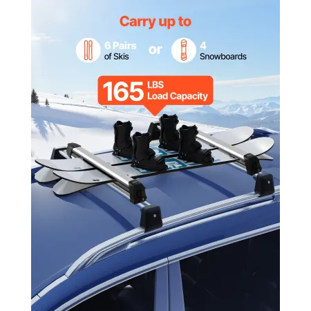 VEVOR Ski & Snowboard Roof Rack, Carry up to 6 Pairs of Skis or 4 Snowboards, 2 PCS Aluminum Universal Car Roof Rack Top Holder 