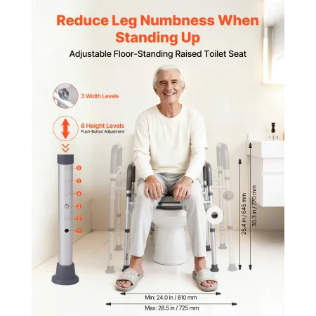 Raised Toilet Seat with Arms, 181 kg Load Capacity, Adjustable Height and Width, Commode Cushion Padded Elevated Toilet Seat Ris