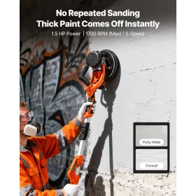 VEVOR Drywall Sander, 1150W Electric Drywall Sander, Popcorn Ceiling Removal Tool with Vacuum Dust Collection, 5 Variable Speed 