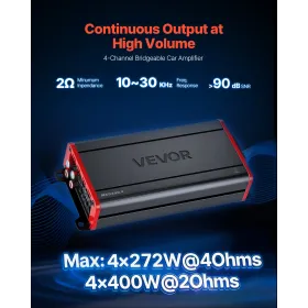 VEVOR Car Audio Amplifier, 4-Channel Bridgeable Car Amplifier, Multichannel Class D Stereo Amp, Max. 4 x 272W at 4 Ohms / 4 x 40