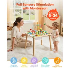 Montessori Activity Table for Toddler 1-3 Years Old, 13 in 1 Wooden Learn Activity Desk, Baby Play Table for Boys & Girls Aged 6
