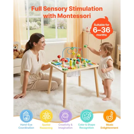 VEVOR Montessori Activity Table for Toddler 1-3 Years Old, 13 in 1 Wooden Learn Activity Desk, Baby Play Table for Boys & Girls 
