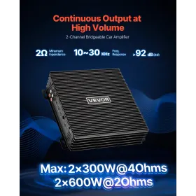 VEVOR Car Audio Amplifier, 2-Channel Bridgeable Car Amplifier, Full-Range Class AB Stereo Amp, Max. 2 x 300W at 4 Ohms / 2 x 600