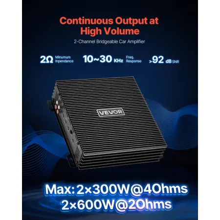 VEVOR Car Audio Amplifier, 2-Channel Bridgeable Car Amplifier, Full-Range Class AB Stereo Amp, Max. 2 x 300W at 4 Ohms / 2 x 600