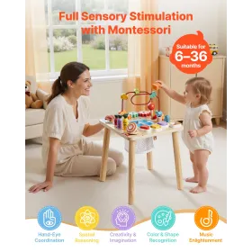 Montessori Activity Table for Toddler 1-3 Years Old, 8 in 1 Wooden Learn Activity Desk, Baby Play Table for Boys & Girls Aged 6+