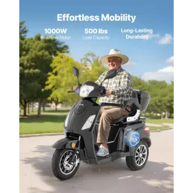 VEVOR Heavy Duty 3-Wheel Mobility Scooters for Seniors & Adults, 500lbs Capacity, 35 KM 3-Speed Long Range, 1000W All Terrain El