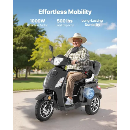VEVOR Heavy Duty 3-hjulede mobilitetsscootere til seniorer og voksne, 500 lbs kapacitet, 35 KM 3-speed lang rækkevidde, 1000W