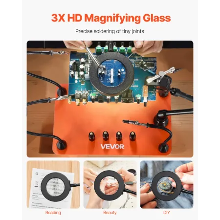 VEVOR Magnetic Helping Hands Loddestation, Tredjehåndsloddeværktøj med 3X LED-forstørrelseslampe, 4 PCB-holdere & 360 Hot A
