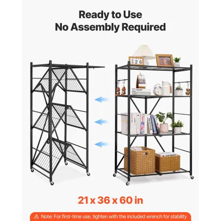 4-Tier Foldable Storage Shelf, 36W x 21D x 60H Inch Folding Metal Rack Shelving Unit, No Assembly Organizer Shelf with 5 Wheels 