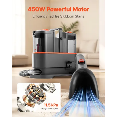 Tæpperensermaskine, 1,5 l rent vandtank og 0,8 l snavset