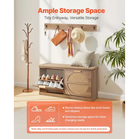 VEVOR Entryway Shoe Bench, 988 x 240 x 500 mm Rattan-Like Shoes Bench with Flip Drawers, 440lbs Shoe Storage Rack with Cushion, 