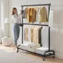Clothes Rack, Rolling Clothing Garment Rack with Adjustable Crossbar and Side Hooks, 68 kg Load Capacity, Heavy Duty Carbon Stee