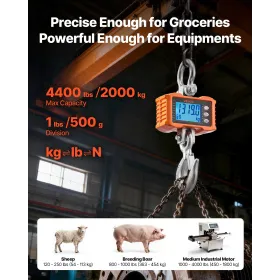 VEVOR Digital Crane Scale, 4400 lbs/2000 kg Max Capacity, Heavy Duty Industrial Hanging Scale with Cast Aluminum Case & LCD Disp