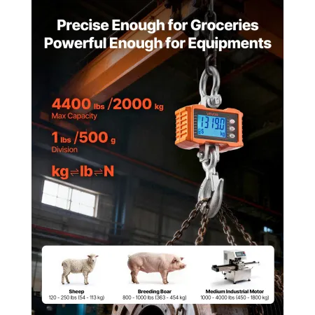 VEVOR Digital Crane Scale, 4400 lbs/2000 kg Maks. kapacitet, Heavy Duty Industriel hængevægt med støbt aluminiumshus og