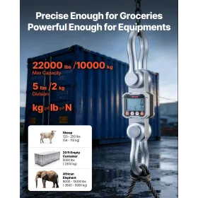 Digital Crane Scale, 22000 lbs/10 T Max Capacity, Heavy Duty Industrial Hanging Scale with Cast Aluminum Case & LCD Display, 2 k