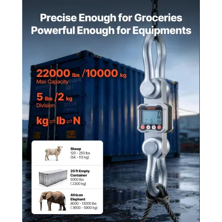 VEVOR Digital Crane Scale, 22000 lbs/10 T Max Capacity, Heavy Duty Industriel Hængevægt med støbt aluminiumskabinet & LCD Displa