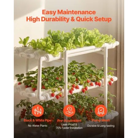 VEVOR Hydroponics Growing System Kit, 3-Tier 108 Sites UPVC Pipe Hydroponic Grow Kit with Timed Irrigation, Sun & Light Blocking