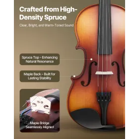 VEVOR Violin 4/4 355mm Full Size Fiddle Set Solidwood for Beginner Matte Brown