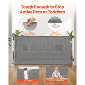 Retractable Baby Gate, Extends to 1850 mm Wide, 795 mm Tall, with Security Lock, Easy to Use, Walk Through Without Tripping, Mes