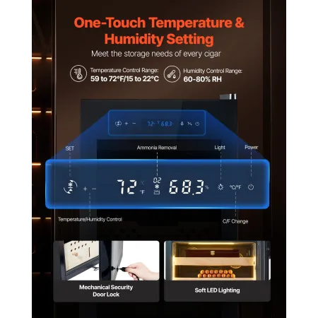 VEVOR Electric Humidor, 60L, 350 Counts Electric Cigar Humidor kabinet med kompressorkøling, konstant luftfugtighed og