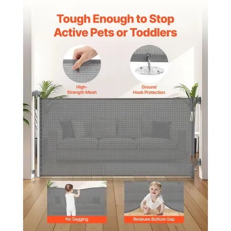 VEVOR Retractable Baby Gate, Extends to 1430 mm Wide, 795 mm Tall, with Security Lock, Easy to Use, Walk Through Without Trippin