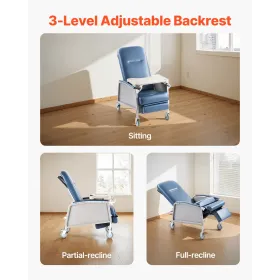 Geri Chair Recliner, 3-Position Reclining Geri Chair, Movable Medical Recliner Chairs with 4 Wheels, Soft Padded Seat & Detachab